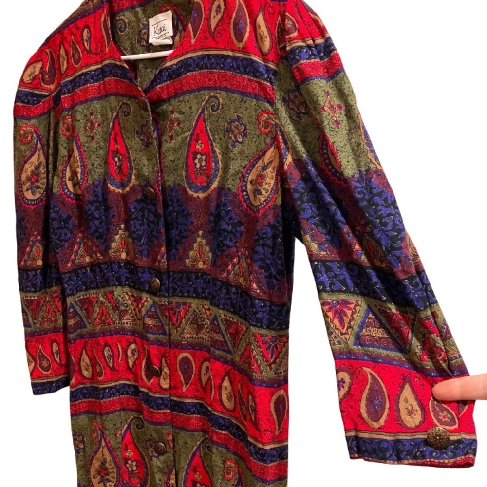 Vintage 70s 80s Kurai Paisley Rayon Dress Made in USA Boho Button Front Size 10 - Picture 3 of 10